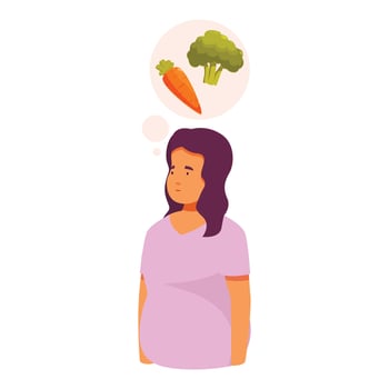 Pregnant woman choosing between healthy and unhealthy food thinking about broccoli and carrot vector illustration
