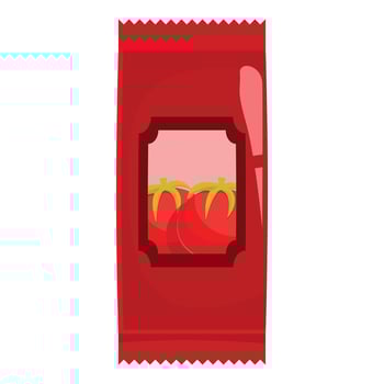 Red foil package containing fresh tomatoes for ketchup or sauce vector