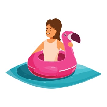 Girl relaxing on inflatable flamingo float in swimming pool vector