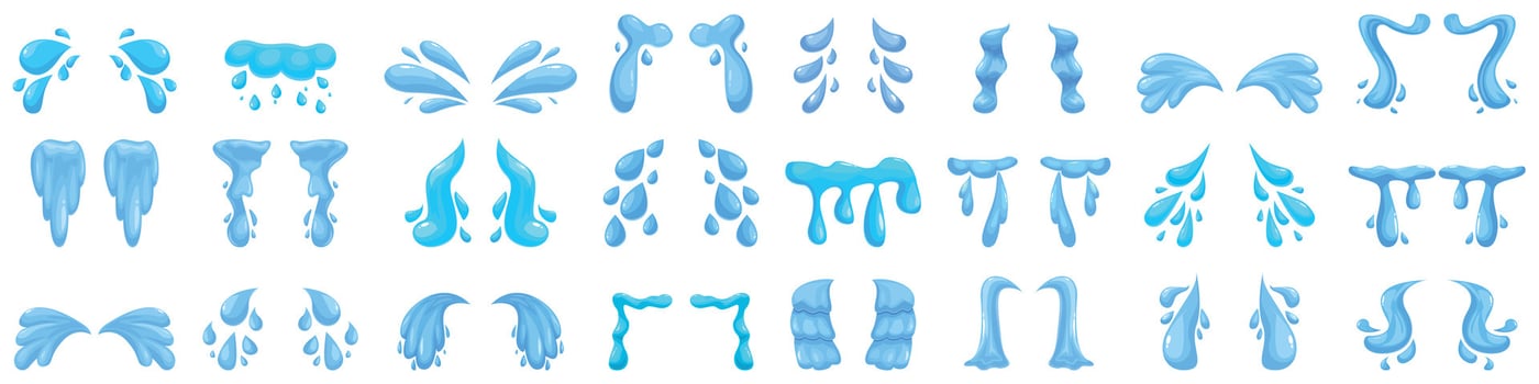 Tear streams icons set. Water splashing effects showing liquid motion in different shapes vector