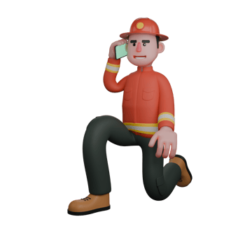 Professional Firefighter 3D Art. A firefighter kneels while making an emergency call on the phone. Male Character png