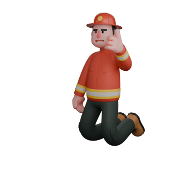 Animated Male Firefighter. A firefighter kneels while giving a thumbs-up gesture, expressing confidence and encouragement to their team. 3D Professional png