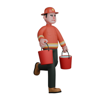 Cartoon Professional Firefighter. A firefighter is walking with two buckets in both hands. 3D Male png