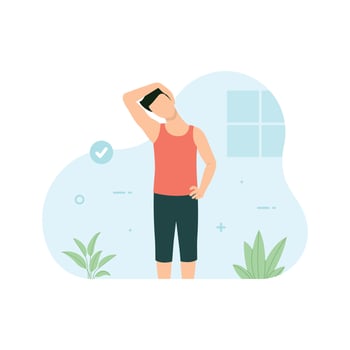 Man doing neck stretching in gym. Workout and exercise illustration vector