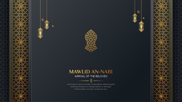 Mawlid an Nabi Mubarak black and golden luxury backdrop background with Islamic ornaments and patterns vector