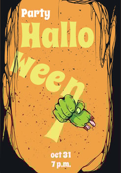 Halloween background for Halloween horror night party invitation card with Zombie hand holding Halloween text on cobweb background. illustration for treat or trick event vector