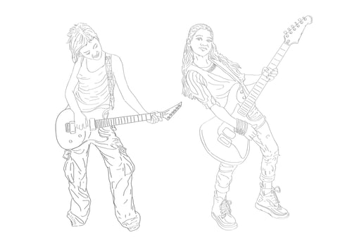 Sketch of two women playing rock guitar. Playing electric guitar in outline style fir background design. vector