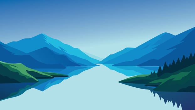 Lake surrounded by lush green hills, with fluffy clouds drifting in a clear blue sky above flat illustration vector