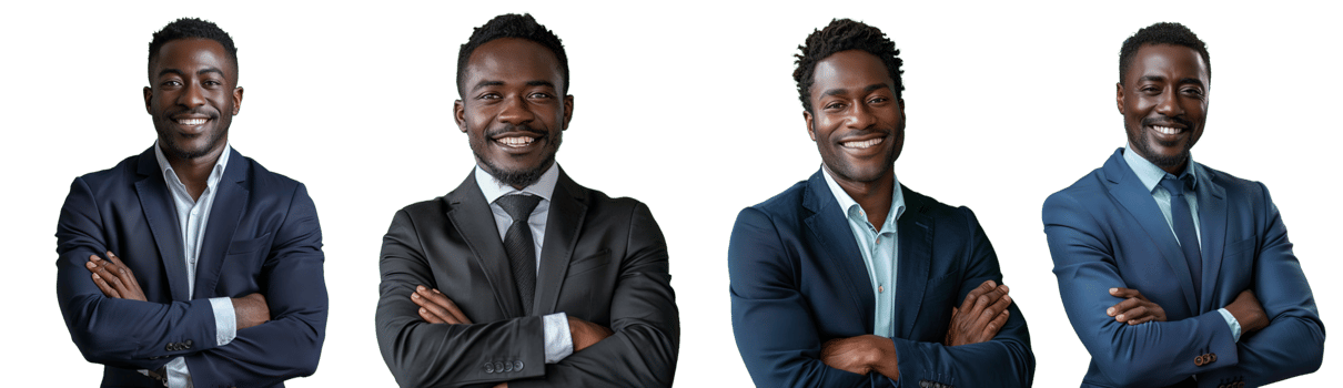 Smiling afro american businessman with crossed arms isolated in transparent background, pictures collection png