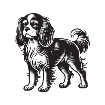Cavalier King Dog Standing - Dog silhouette - standing dog side view illustration in black and white vector