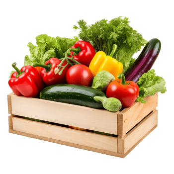 Eco produce box concept showing fresh vegetables for organic delivery branding png