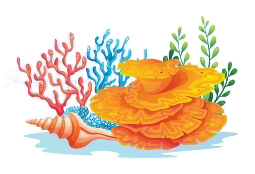 Coral with seaweed and seashell, underwater scene. Cartoon illustration vector