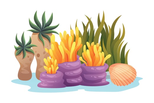 Coral with rocks and seaweed, underwater habitat. Cartoon illustration vector