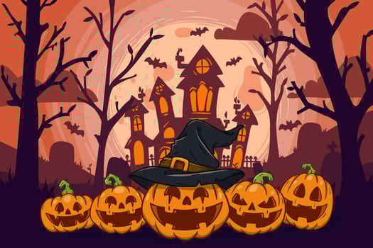 Halloween background with pumpkins and witch house vector
