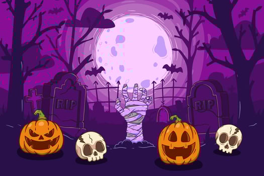 Halloween background with halloween pumpkins, zombie hand, and skull vector