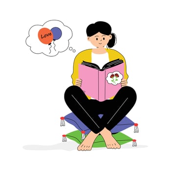 A girl reading a romantic story, ready to use flat illustration vector