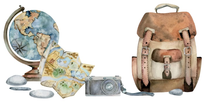 Unfolded map, old vintage globe, photo camera, backpack baggage luggage, stones. Watercolor hand drawn retro illustration. Design for tourism, travel, brochure, wedding, guide, print, card tattoo. vector