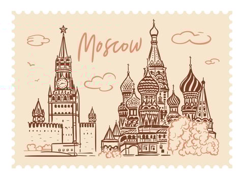 Red Square in the center of Moscow in Russia. Postage stamp. Illustration in doodle style, sketch vector