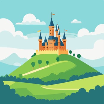 Castle on green hill illustration in flat cartoon style. vector