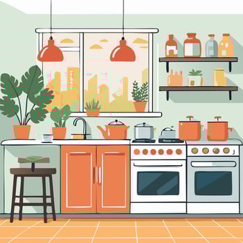 Kitchen interior with furniture and culinary equipment. Flat style illustration. vector