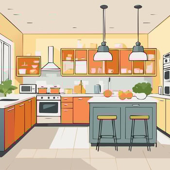 Kitchen interior with furniture and appliances illustration in flat style. vector