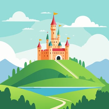 Fairytale castle on a hill illustration. vector