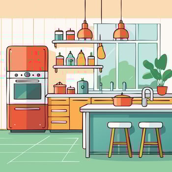 Kitchen interior with furniture and equipment. Flat style illustration. vector