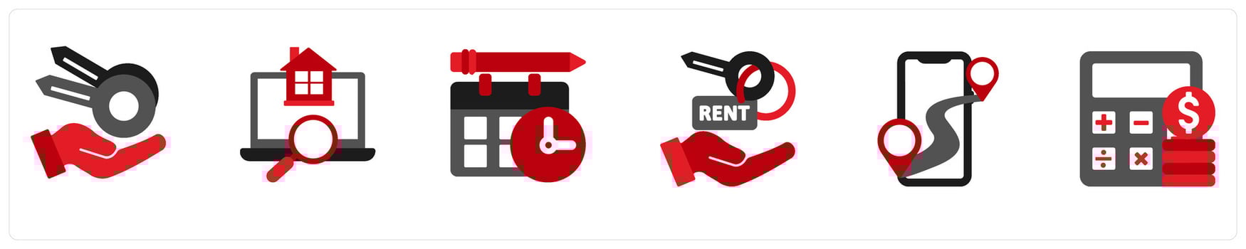 Six real estate icons in red and black as keys, accommodation search, schedule vector