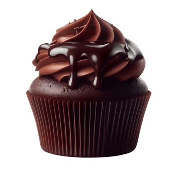 A rich chocolate cupcake with chocolate ganache frosting isolated on transparent background. png
