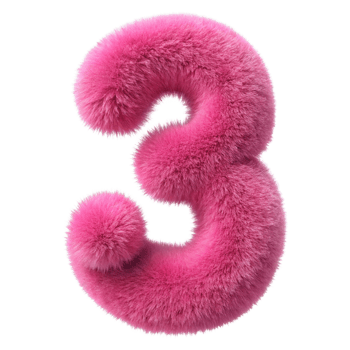 Pink Fluffy 3D Number 3 cut out isolated PNG transparent
