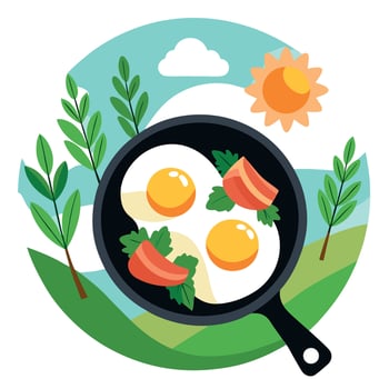 Cast Iron Pan With Sunny Side Up Eggs. Bacon. and Fresh Herbs Outdoors vector