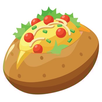 A loaded baked potato with a variety of toppings sitting on a wooden table vector