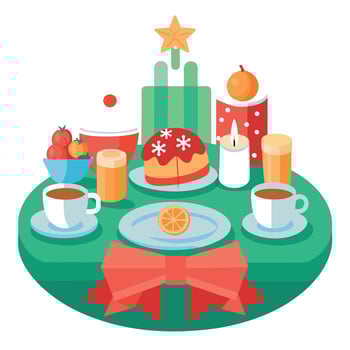 A close-up of a beautifully arranged Christmas breakfast table. vector