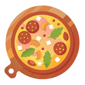 Homemade pizza with bacon paprika and corn served on a wooden board Top view vector