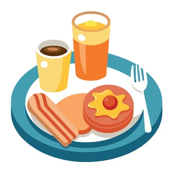 Delicious breakfast plate with pancakes. eggs. bacon. coffee and orange juice vector
