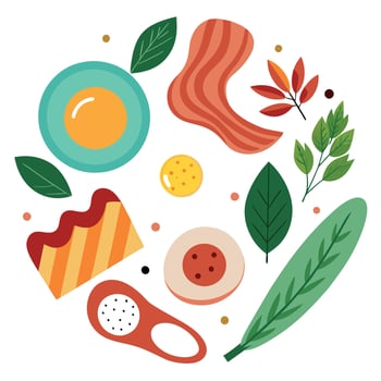 Breakfast arrangement with bacon. eggs. spices. and greens on white background vector