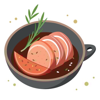 A close up of sliced homemade hot pork tenderloin in a pan with herbs and spices vector