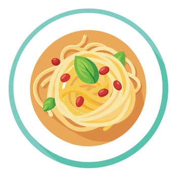 Close-up of a plate of spaghetti carbonara with parmesan cheese. bacon. and basil. vector