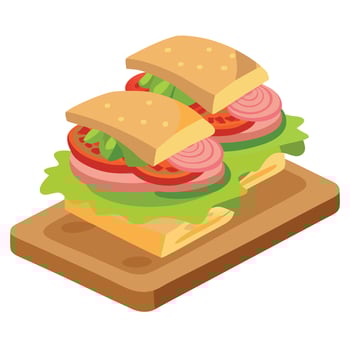 Fresh deli sandwiches with ham cheese tomatoes and lettuce on a wooden cutting board vector