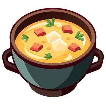 A hearty potato soup with chunks of potato. bacon. and cheese. served in a rustic bowl. vector