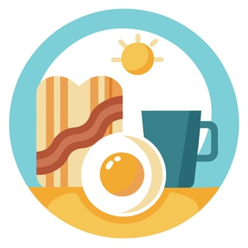 Awesome breakfast with fried eggs. bacon strips and coffee on blurry sunbeam background. vector