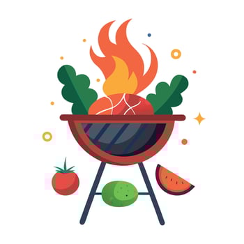Cooking meat with vegetables and herbs on fire. barbecue. flames and smoke. delicious food vector