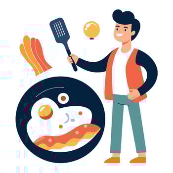 A person preparing a hearty breakfast of scrambled eggs and bacon in a non-stick frying pan vector