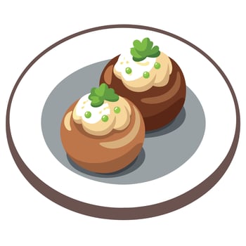 Close Up of Delicious Sausage and Cream Cheese Stuffed Mushrooms on a Plate. Ready to Serve vector