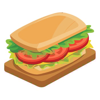 Close-up of a delicious sandwich with fresh lettuce. tomatoes. and turkey on a wooden board vector