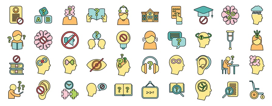 People exploring learning disabilities and cognitive challenges icons vector