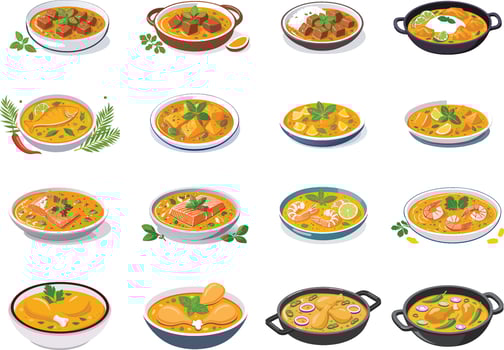 colorful various meat curry illustration set vector