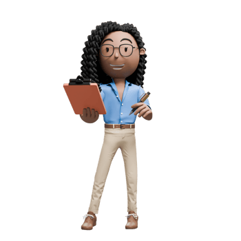 A cartoon businesswoman with curly hair and glasses, holding a clipboard and a pen, smiling and ready for work. png