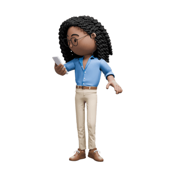 A cartoon character businesswoman with curly hair and glasses, checking their smartphone while standing. png