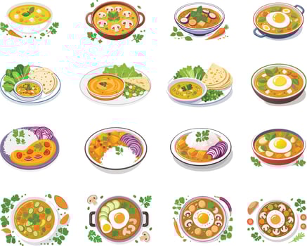 colorful various vegetable curry illustration set vector